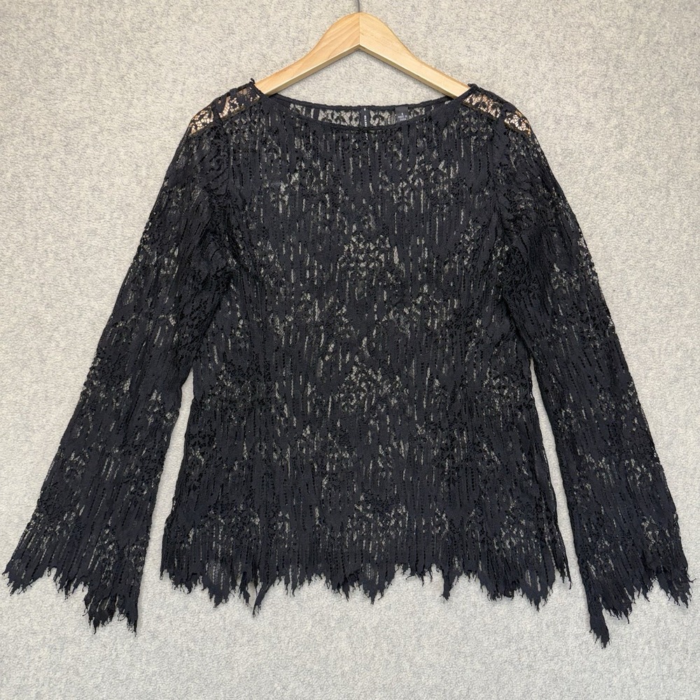 Linda Allard Black Sheer Lace Long Sleeve Blouse Floral Scallop Hem Top